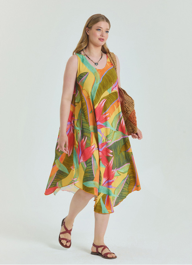 Boat Neck Loose Cut Yellow Plus Size Dress 4667